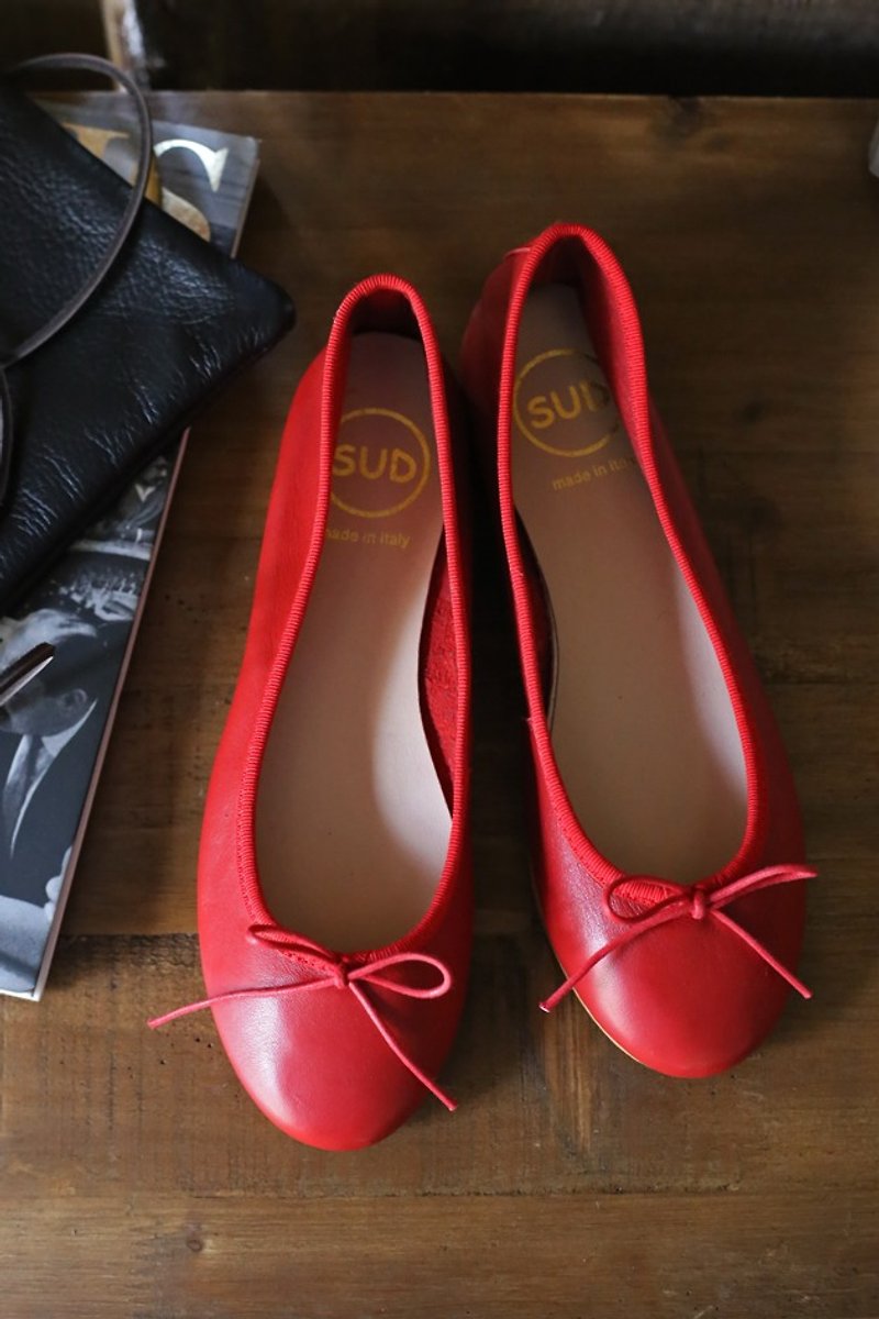 SUD意大利牛皮芭蕾鞋Macaron莓果红 - 芭蕾鞋/娃娃鞋 - 真皮 红色