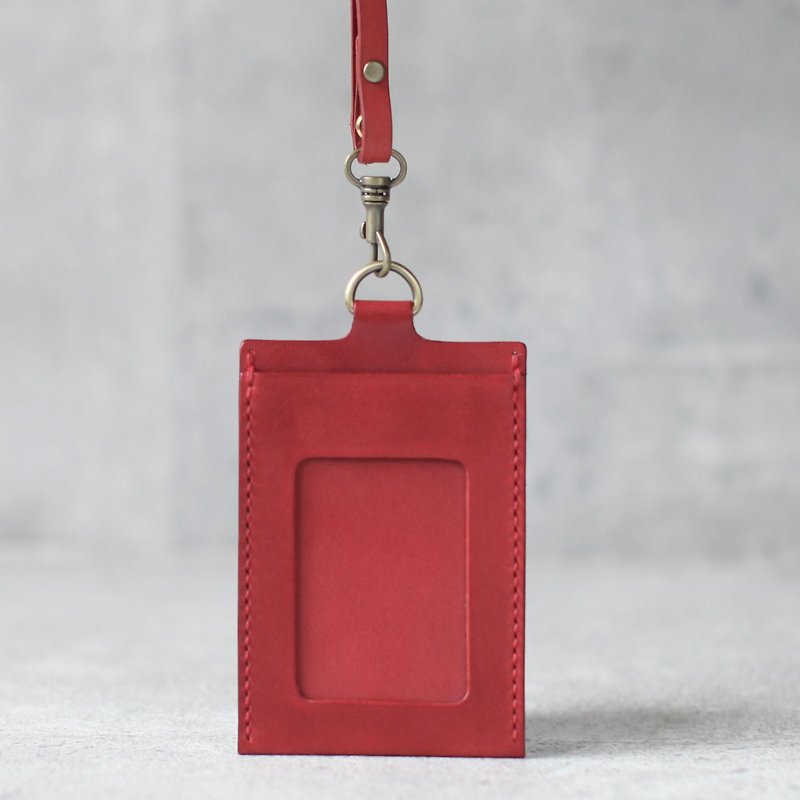 玫瑰红色植鞣真皮手工直式证件卡套 含可调挂绳 双卡夹 - 证件套/卡套 - 真皮 红色