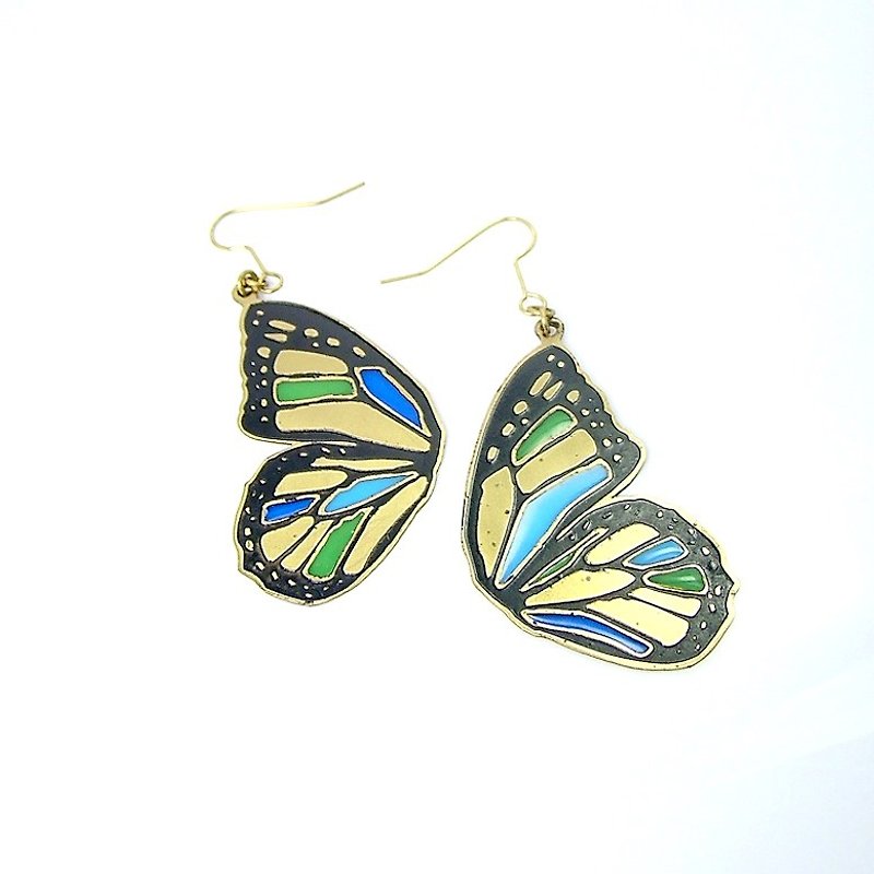 Butterfly wing blue stand glass earring in brass hand sawing - 耳环/耳夹 - 其他金属 