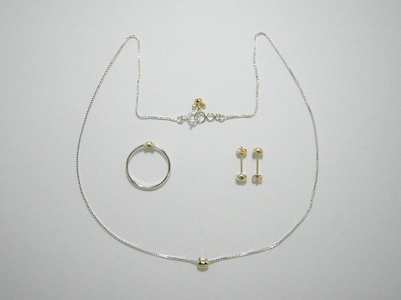 miaow icon 3-piece set K18 gold and sterling silver ( 貓 猫 金 銀 戒指 指环 項鍊 颈链 耳釘 耳钉) - 其他 - 贵金属 金色