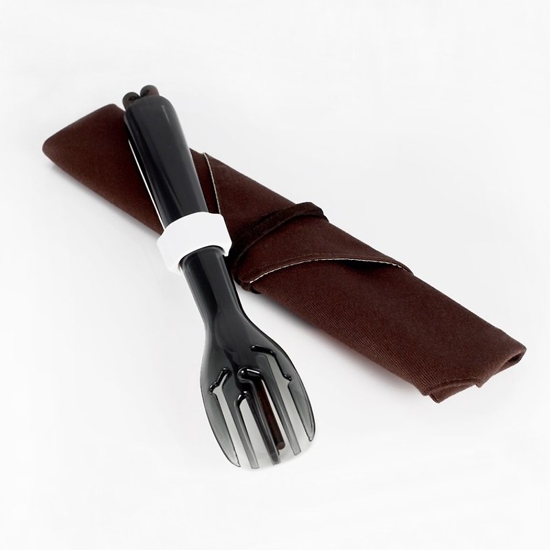 dipper 3合1环保餐具组-泼墨黑叉/陶瓷汤匙 - 筷子/筷架 - 瓷 黑色