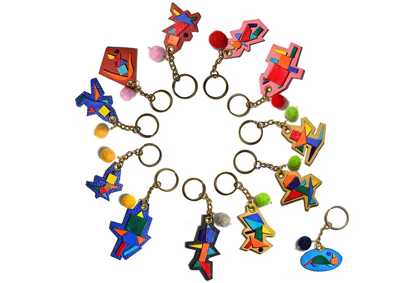 彩色拼盘角色 限量手工皮革钥匙圈 - 钥匙链/钥匙包 - 真皮 多色