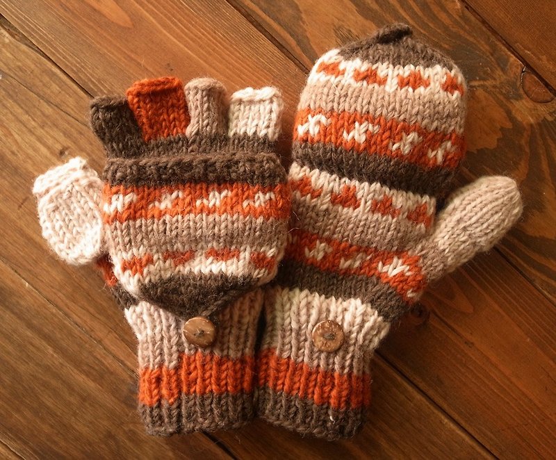 羊毛 手工编织 手套 单线编织 合手款 咖啡+橘 适合手较小的人 - 手套 - 羊毛 咖啡色
