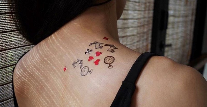 愛莉絲夢遊 -2入紋身貼紙 原創手繪設計 | 萬聖節 | 派對裝扮 - 纹身贴 - 纸 黑色