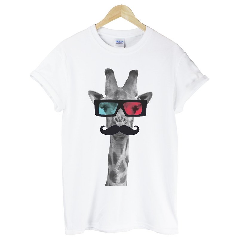 Giraffe-3D短袖T恤-白色 长颈鹿 3D眼镜 胡须 动物 文青 设计 - 男装上衣/T 恤 - 棉．麻 白色