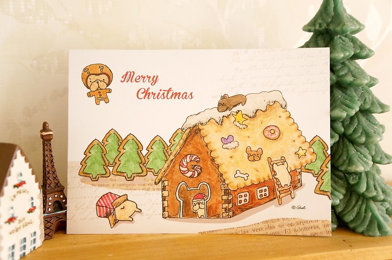 (售完)法斗姜饼屋-圣诞明信片 - 卡片/明信片 - 纸 卡其色