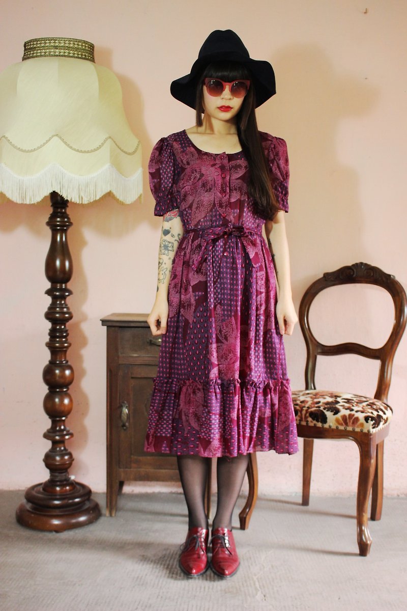 其他材质 洋装/连衣裙 紫色 - F1059(Vintage)葡萄紫色花朵附腰绑带古着洋装(婚礼/野餐/派对)