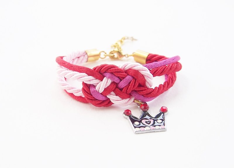 Pink and red nautical bracelet with princess crown charm - 手链/手环 - 其他材质 粉红色