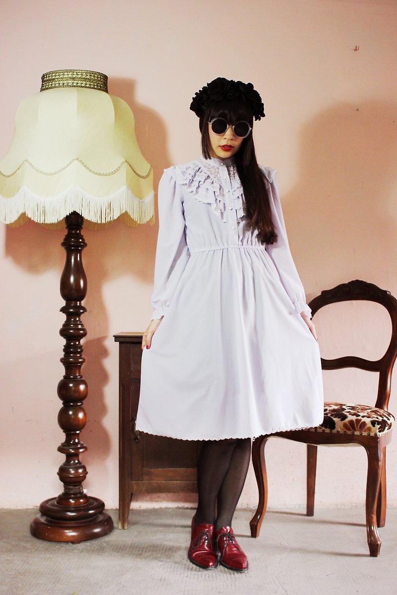 其他材质 洋装/连衣裙 紫色 - F1012(Vintage)浅紫罗兰色蕾丝领口古着洋装(婚礼/野餐/派对)