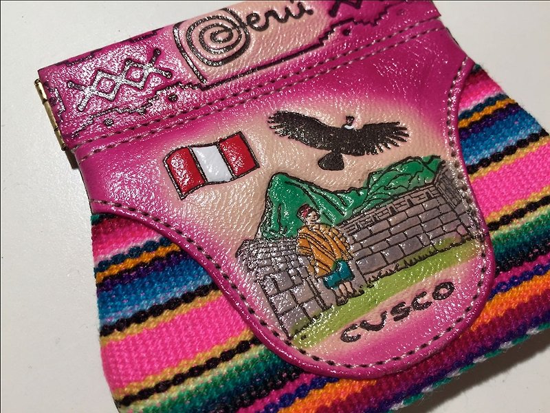 多彩秘鲁织纹拼接真皮手上彩手感弹片零钱包/置物包-粉红 - 零钱包 - 真皮 粉红色