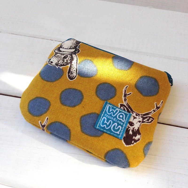 WaWu 小零钱包 (兔与鹿/黄金褐) 限量日本布* - 零钱包 - 棉．麻 金色