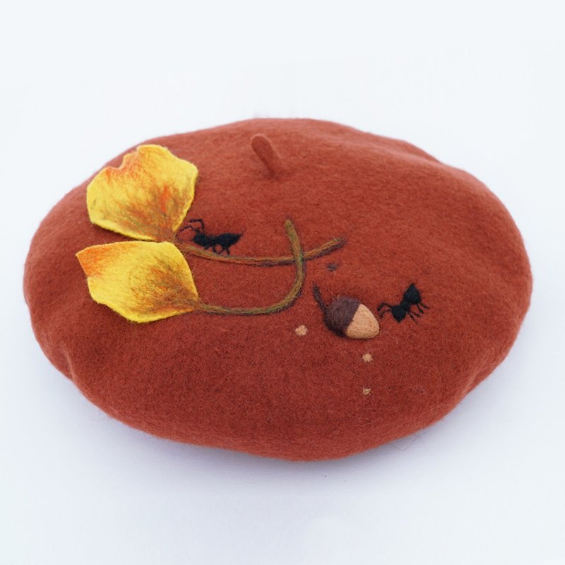 原创定制羊毛毡针毡帽纯羊毛手工小蚂蚁搬家贝雷帽—砖红色 - 帽子 - 羊毛 
