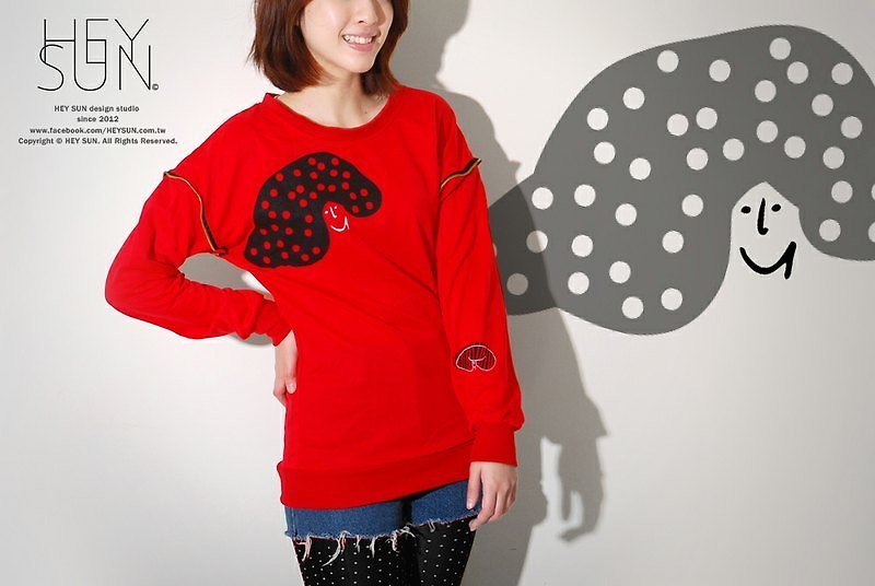 【M0278】HEY SUN独立手作品牌·黑头发的男女孩拉链造型大红TEE(Lily Chen) - 女装 T 恤 - 棉．麻 红色