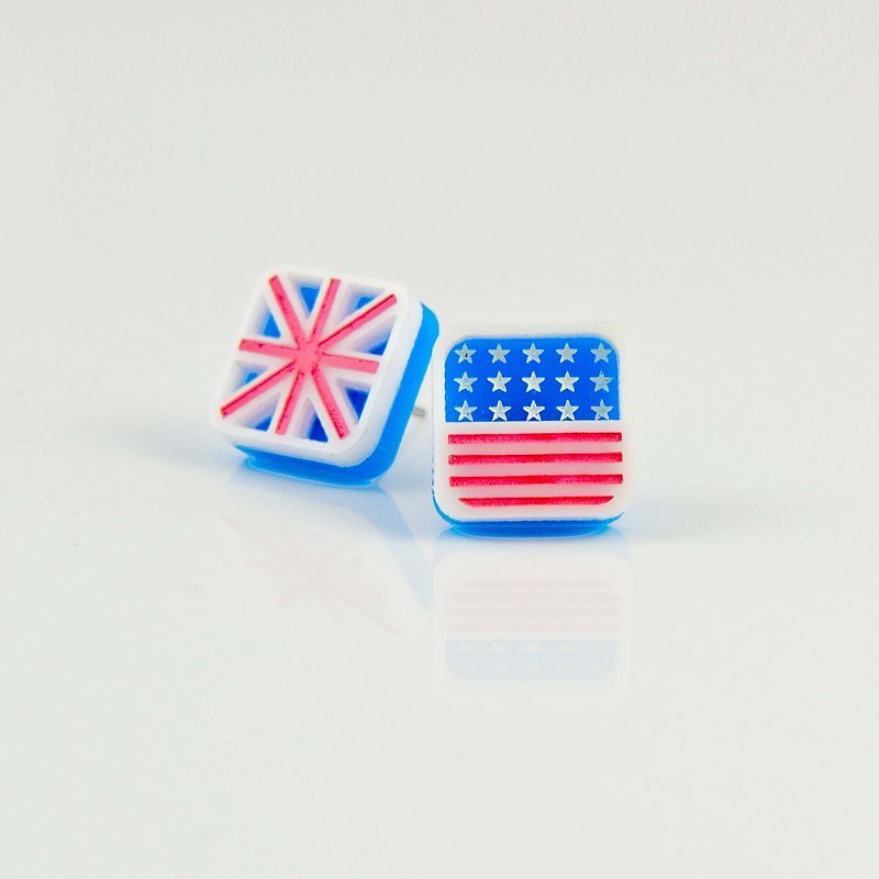 英国美国国旗//抗过敏钢针/可改夹式 - 耳环/耳夹 - 压克力 蓝色