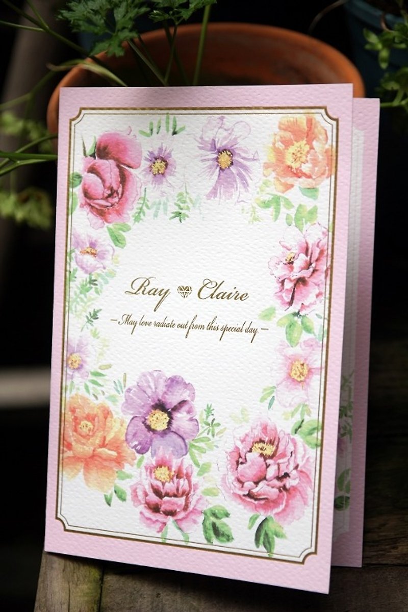 【设计师款婚卡】《水彩花卉》水彩手工喜帖-正面可换自己的英文名字或婚礼LOGO - 卡片/明信片 - 纸 粉红色