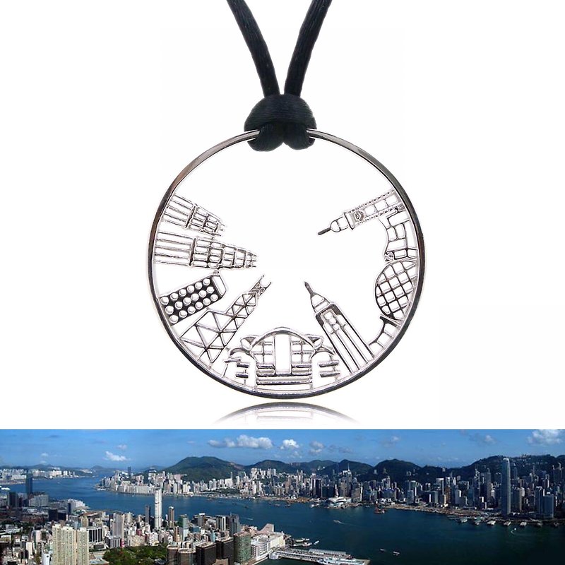 HK065~ 925银香港维多利亚海港风景吊坠(43mm)连32寸丝绒颈链 - 颈链 - 银 银色
