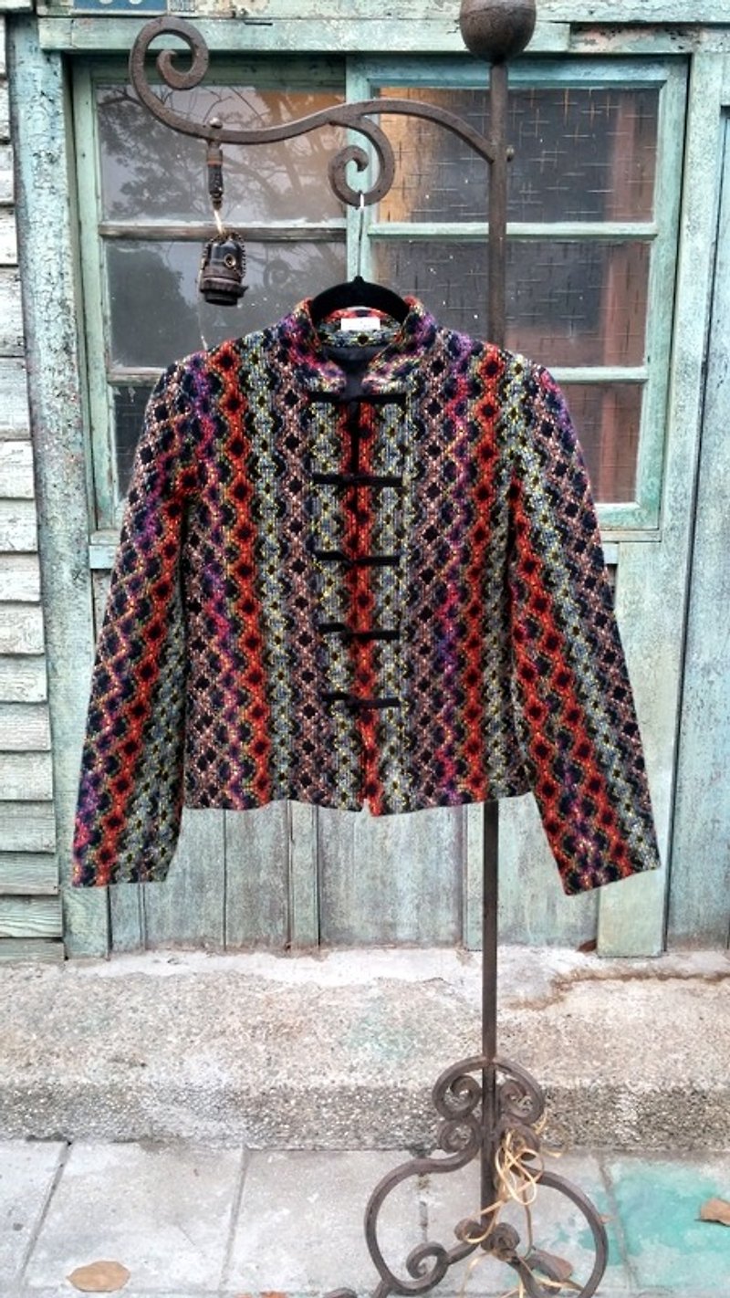 彩色菱格毛料中国结外套 - 女装休闲/机能外套 - 其他材质 