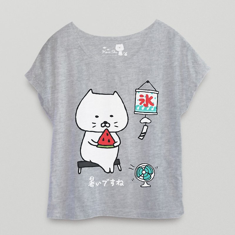 包子猫吃西瓜T-shirt(灰色) - 女装短裤 - 棉．麻 灰色