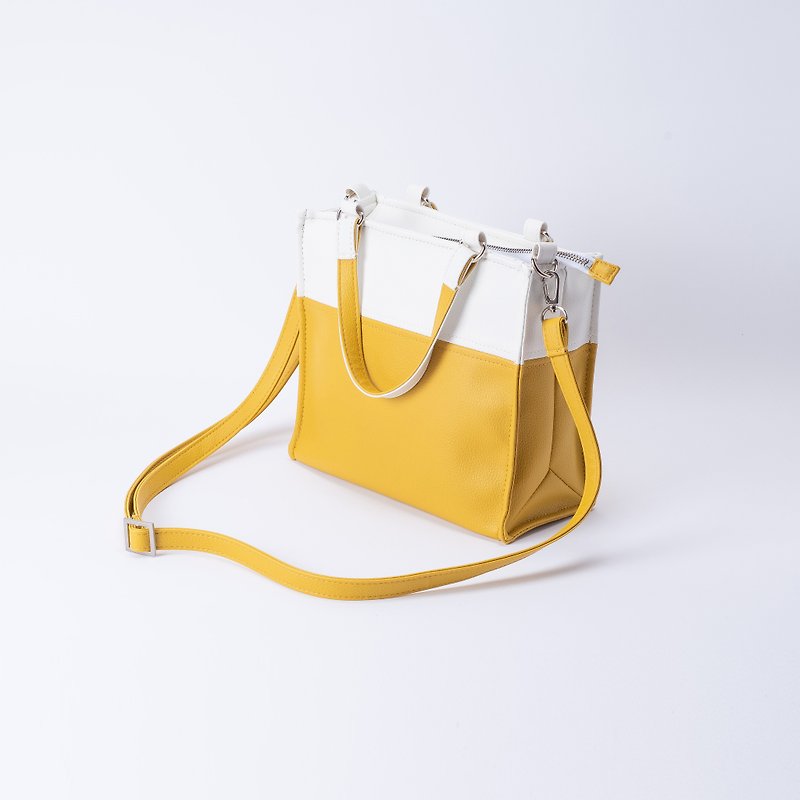 纸袋造型拼色包 手提肩背两用 白X黄 - 侧背包/斜挎包 - 人造皮革 黄色