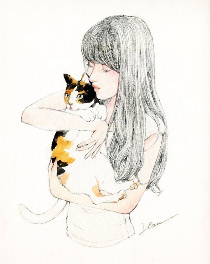 Atelier Hanu / 女孩与猫画卡 - 卡片/明信片 - 纸 白色