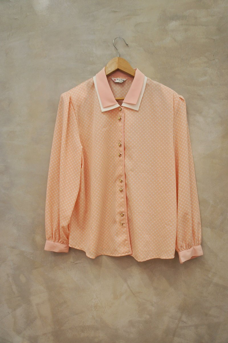 亮橘色 白波点印花 双层领片  PdB 古着 - 女装衬衫 - 其他材质 粉红色