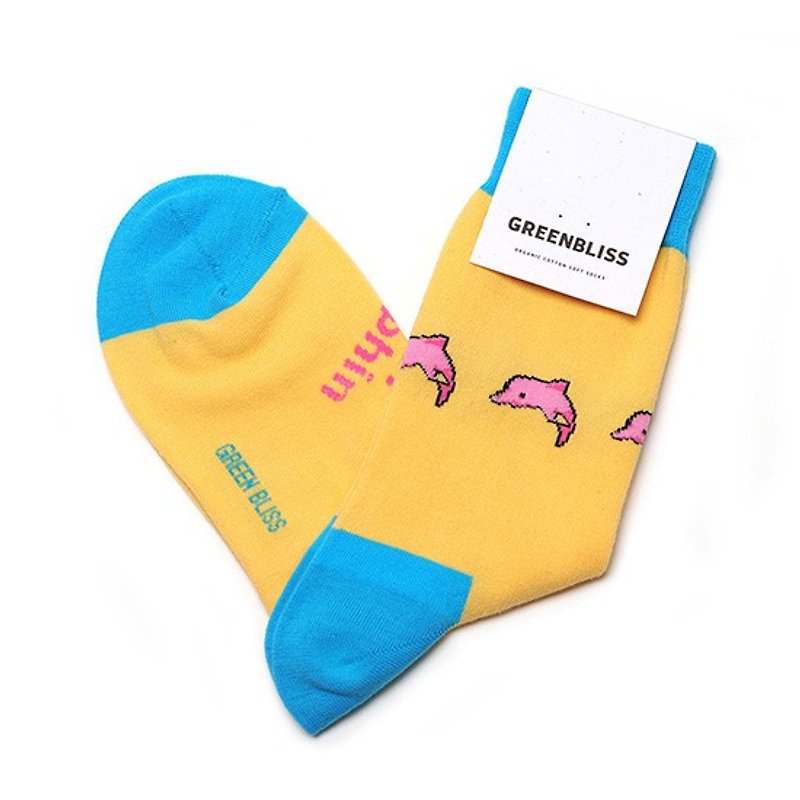 动物系列 Pink River Dolphin 粉红海豚 中长袜 (中性) - 袜子 - 棉．麻 黄色