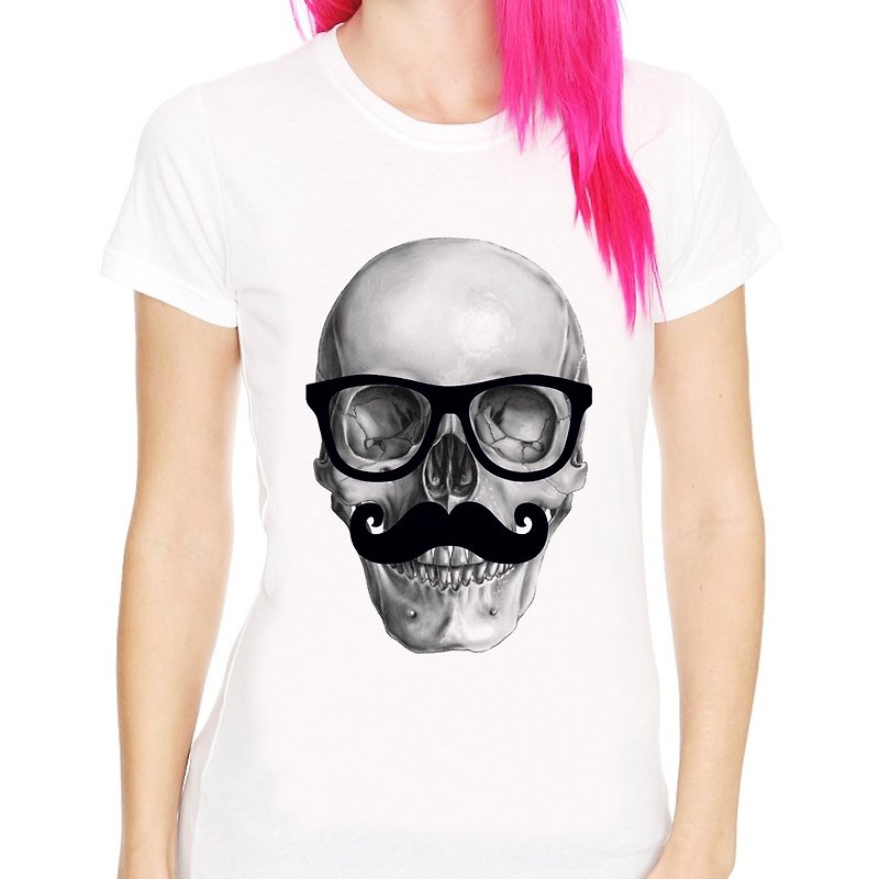 Mr Skull女生短袖T恤-白色 骷髅先生 设计 艺术 眼镜 胡子 - 女装 T 恤 - 其他材质 白色