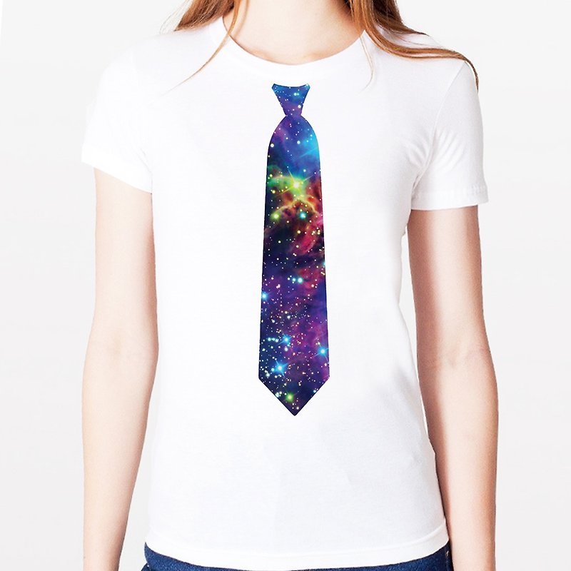 Printed Tie-Galaxy女生短袖T恤-白色 银河系假领带 宇宙 设计 自创 品牌 时髦 圆 三角形 - 女装 T 恤 - 其他材质 白色