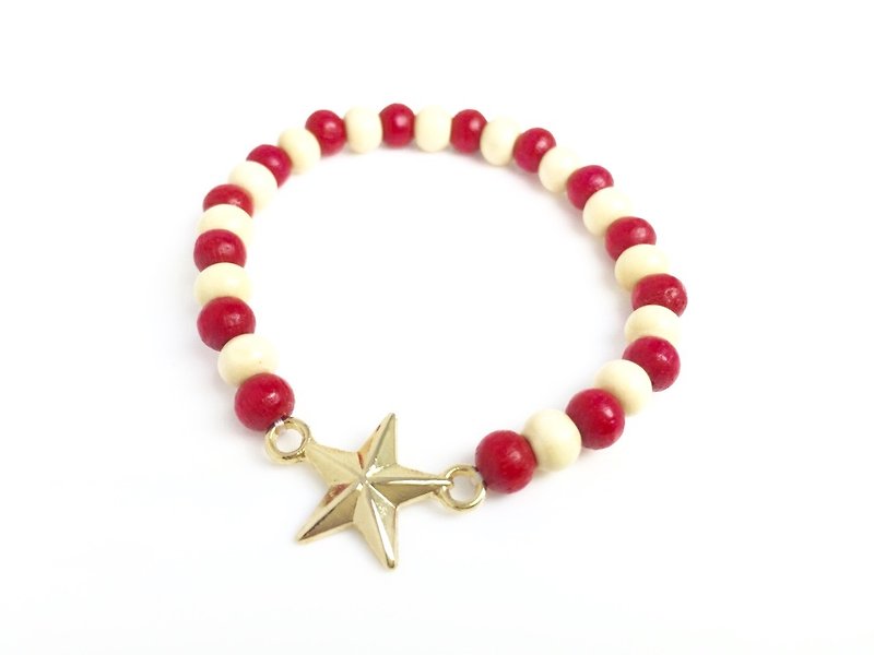 “红白双色木珠 x 金色星星吊饰” - 手链/手环 - 其他材质 红色