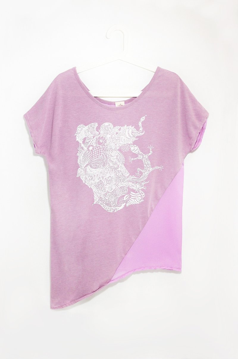 个性不规则雪纺拼接设计女上衣 - 心灵之图系列旅行记忆脸庞 ( 玫紫 ) - 女装上衣 - 棉．麻 紫色