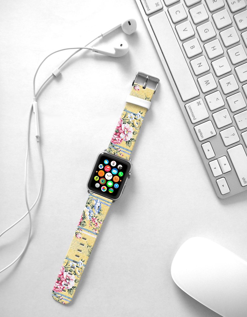Apple Watch Series 1 , Series 2, Series 3 - Apple Watch 真皮手表带，适用于Apple Watch 及 Apple Watch Sport - Freshion 香港原创设计师品牌 - 粉黄色玫瑰花纹 - 表带 - 真皮 