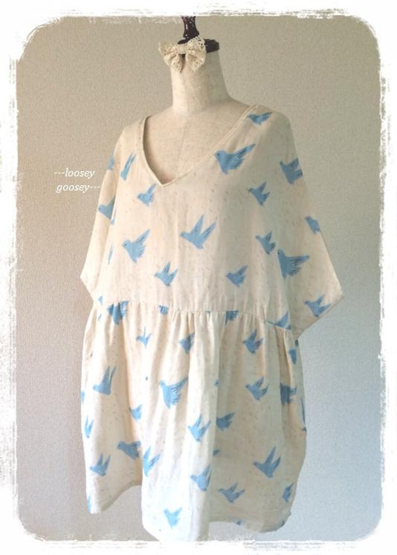 空にただよう小鳥たち。ダブルガーゼのチュニックワンピース：アイボリー - 洋装/连衣裙 - 棉．麻 