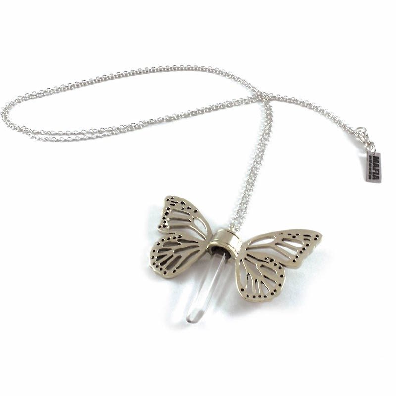 White bronze Butterfly wing pendant with clear raw quartz stone - 项链 - 其他金属 