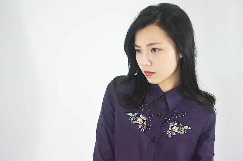 humming-绣花抽绳衬衫-Embroidered Drawstring Shirt-HWS1312-01 - 女装衬衫 - 棉．麻 紫色