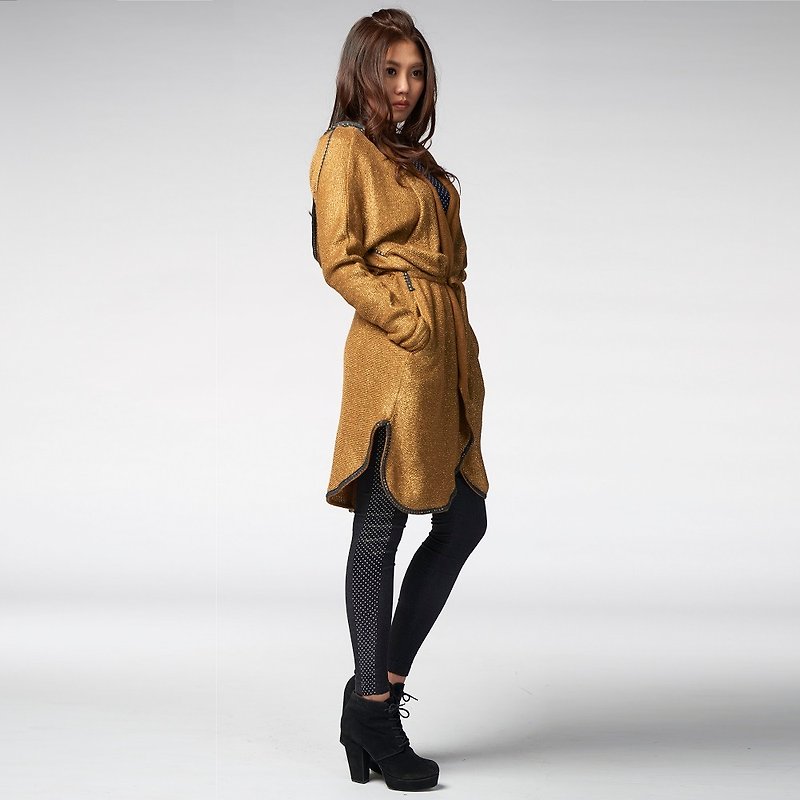 【coat】连帽弧线剪接外罩_金色 - 女装休闲/机能外套 - 羊毛 金色