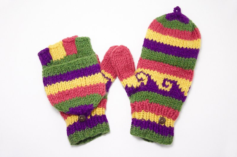 新年礼物 限量一件手织纯羊毛针织手套 / 可拆卸手套 / 内刷毛手套 / 保暖手套 - 撞色民族图腾 - 手套 - 其他材质 多色