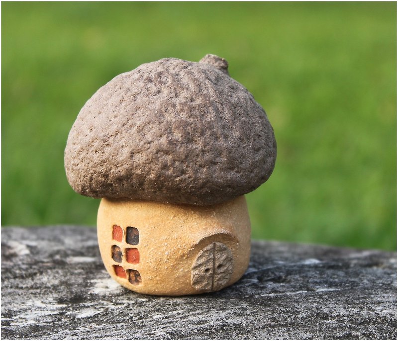 蘑菇村 超可爱陶手作蘑菇屋B (岩石咖啡+黄色)不含猫头鹰 - 花瓶/陶器 - 其他材质 