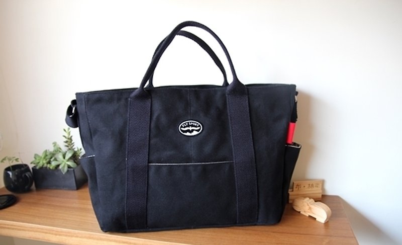纯黑感上班包, 侧背电脑包, 大容量妈妈包(XL) - 手提包/手提袋 - 棉．麻 黑色
