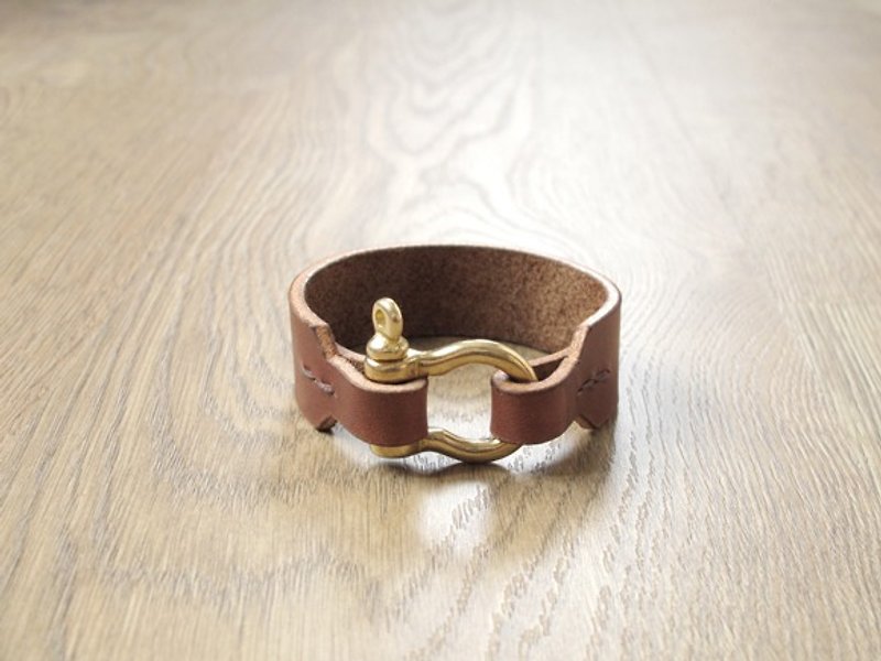 纯黄铜升级水匠扣 手制皮革手环 (棕色) - 手链/手环 - 真皮 咖啡色
