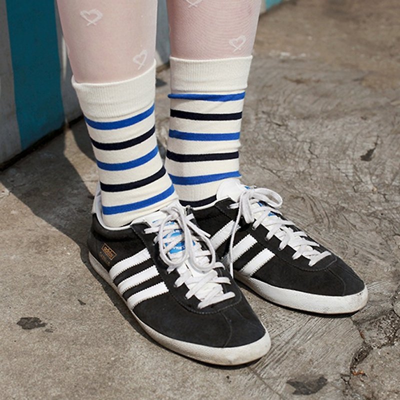 有机棉袜 - 条纹系列 Statice 白底黑蓝条纹 中长袜 (男/女) - 袜子 - 棉．麻 白色