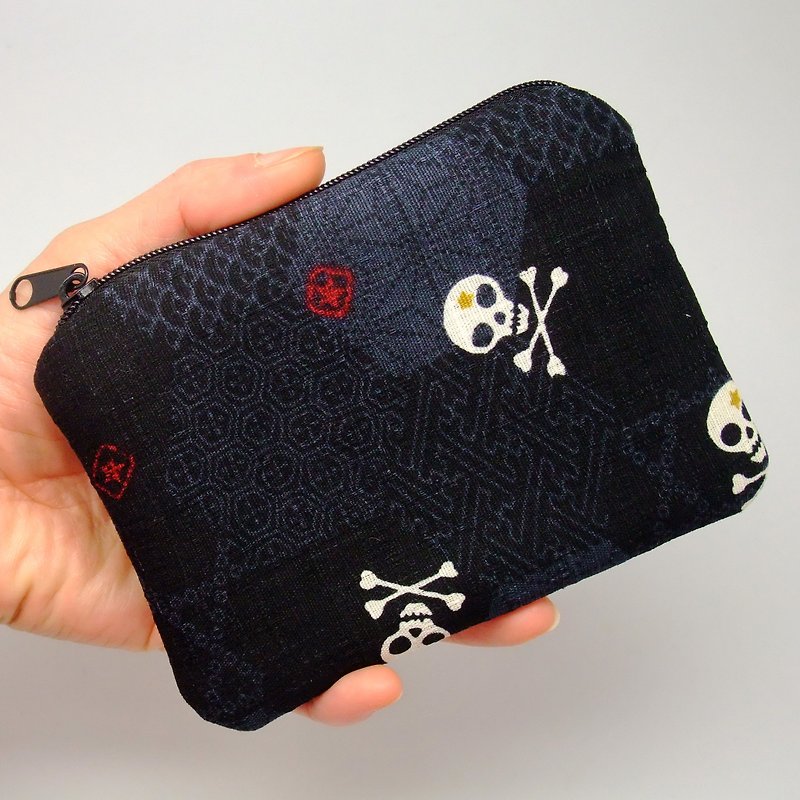 拉链零钱包，卡片包，钥匙包，耳机包，小物包 (Skull) (ZS-127) - 零钱包 - 棉．麻 黑色