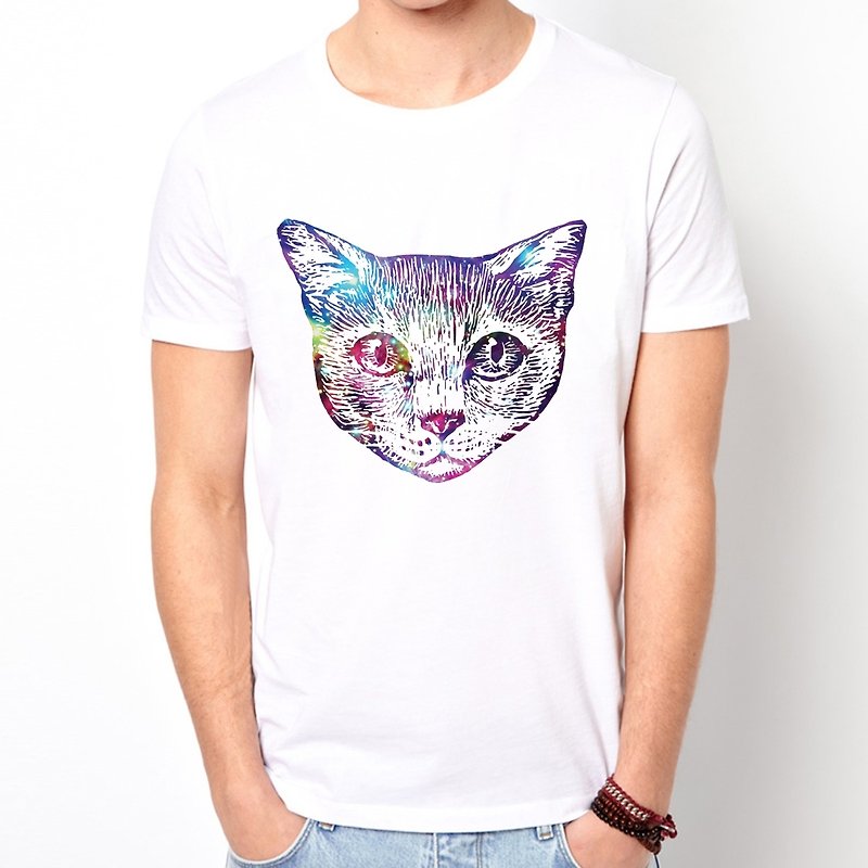 Cosmic Cat#2短袖T恤-白色 猫 宇宙 设计 银河系 时髦 圆 三角形 文青 - 男装上衣/T 恤 - 其他材质 白色