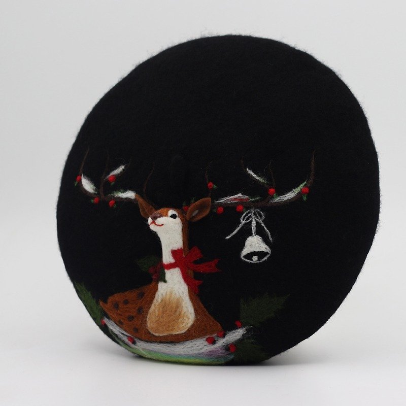 圣诞礼物原创手工羊毛毡贝雷帽画家帽针毡立体鹿—黑色 - 帽子 - 羊毛 黑色