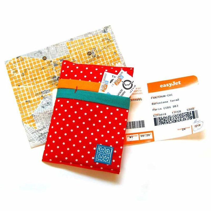 WaWu 护照套 (红色点点)/旅行证件小包/随身笔记布书套 - 护照夹/护照套 - 棉．麻 红色