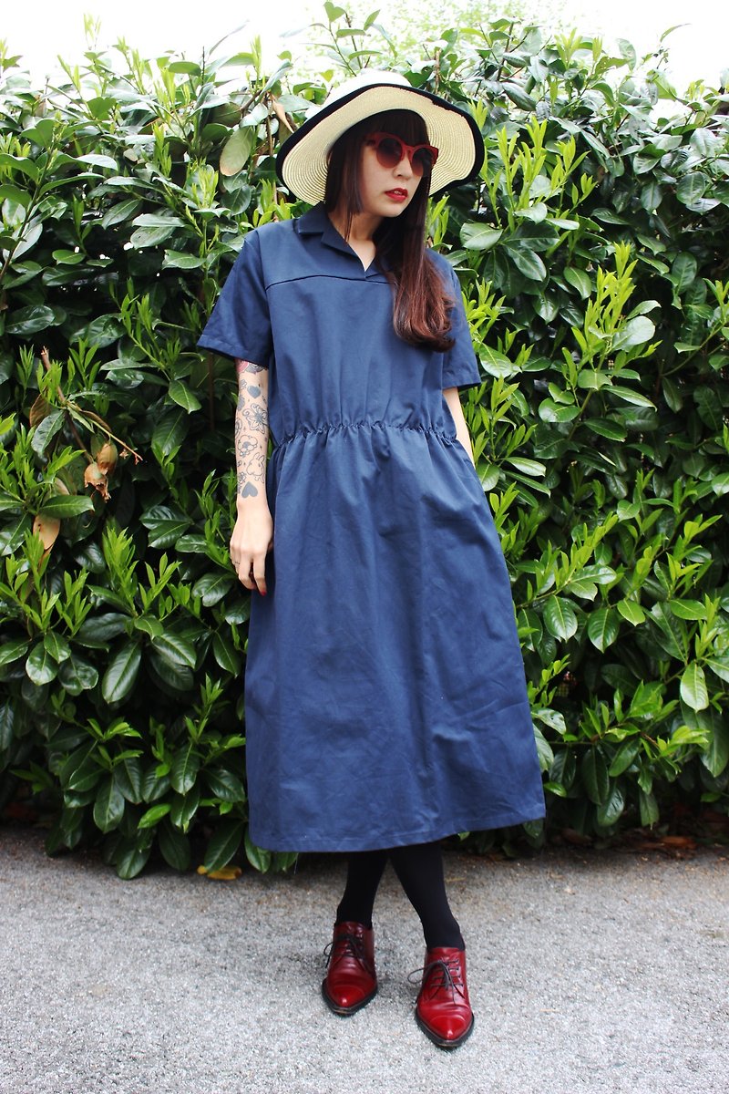 F947(Vintage)深蓝色女孩工作服质感短袖古着洋装 - 洋装/连衣裙 - 其他材质 蓝色