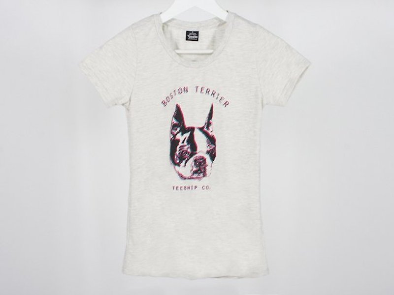 3D波士顿 Boston Terrier 女生 - 女装 T 恤 - 棉．麻 灰色