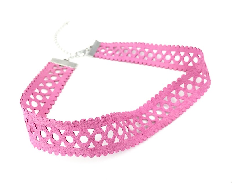 粉色花纹粗版颈链 - 项链 - 真皮 粉红色
