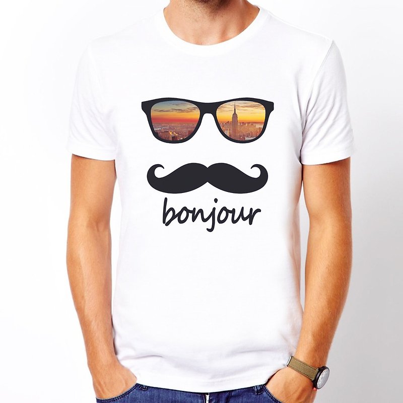 bonjour-New York短袖T恤-白色 纽约 NYC 美国 文青 文创 平价 时尚 设计 自创 时髦 圆 三角形 - 男装上衣/T 恤 - 其他材质 白色