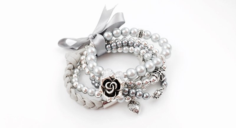 〈圣诞节组合〉银白综合珍珠 x 银管编绳 - 手链/手环 - 其他材质 白色