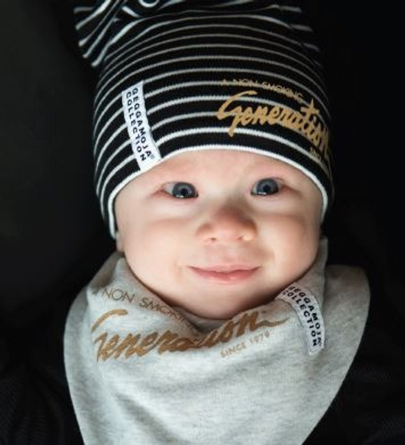 【北欧童装】有机棉婴幼儿帽子6M至2岁 条纹烫金色黑/白色 - 婴儿帽/发带 - 棉．麻 黑色
